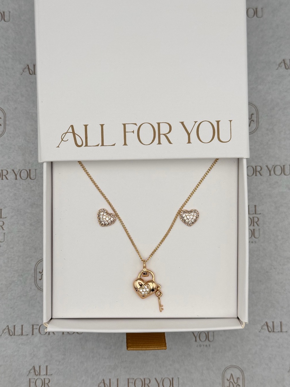 Gold Heart Lock & Key Necklace Set with Pavé Hearts